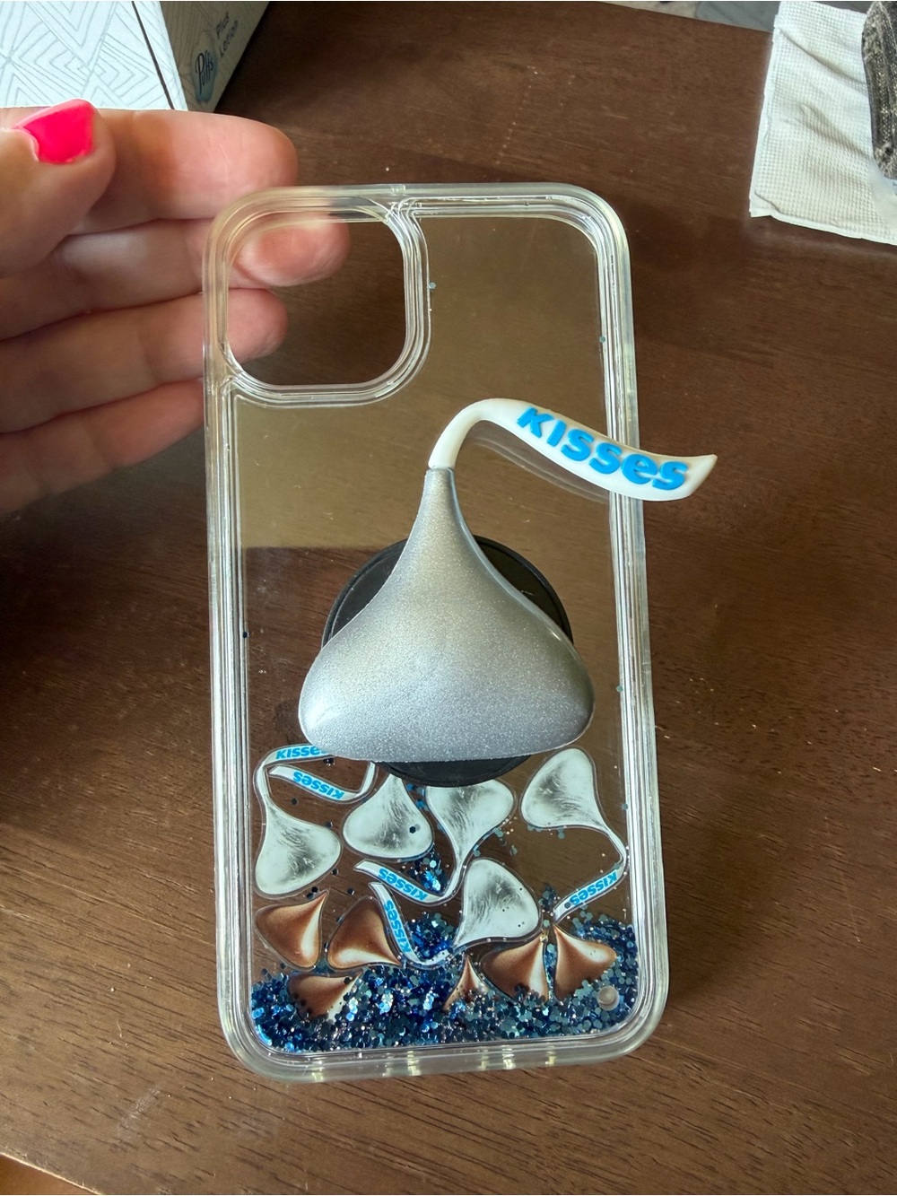 Kisses Clear Phone Case with Silver Kisses and Blue Glitter